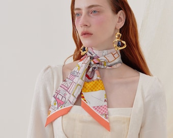 Architectural Style Printed Bag Handle Hairband Ribbon Accessories Sky Blue Silk Tie Gift Scarf
