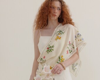 Elegant Botanic Floral Original Design Silk Crepe De Chine Scarf, Long Silk Shawl, Best Gift For Her