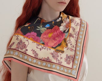 Nightingale and Rose Mulberry Silk Hair Scarf, Perfect Gift for Her