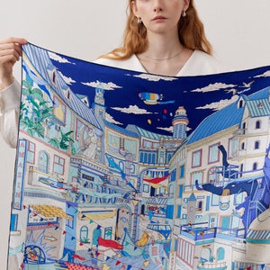 Architectural Style Double Sides Printing Silk Square Scarf Foulard for Her Gift / Christmas Birthday-Anniversary blue