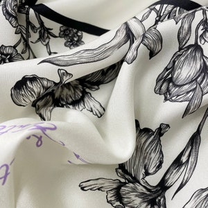 Elegant Black and White Floral Print Silk Twill Bandana, Birthday Gift for Her image 7