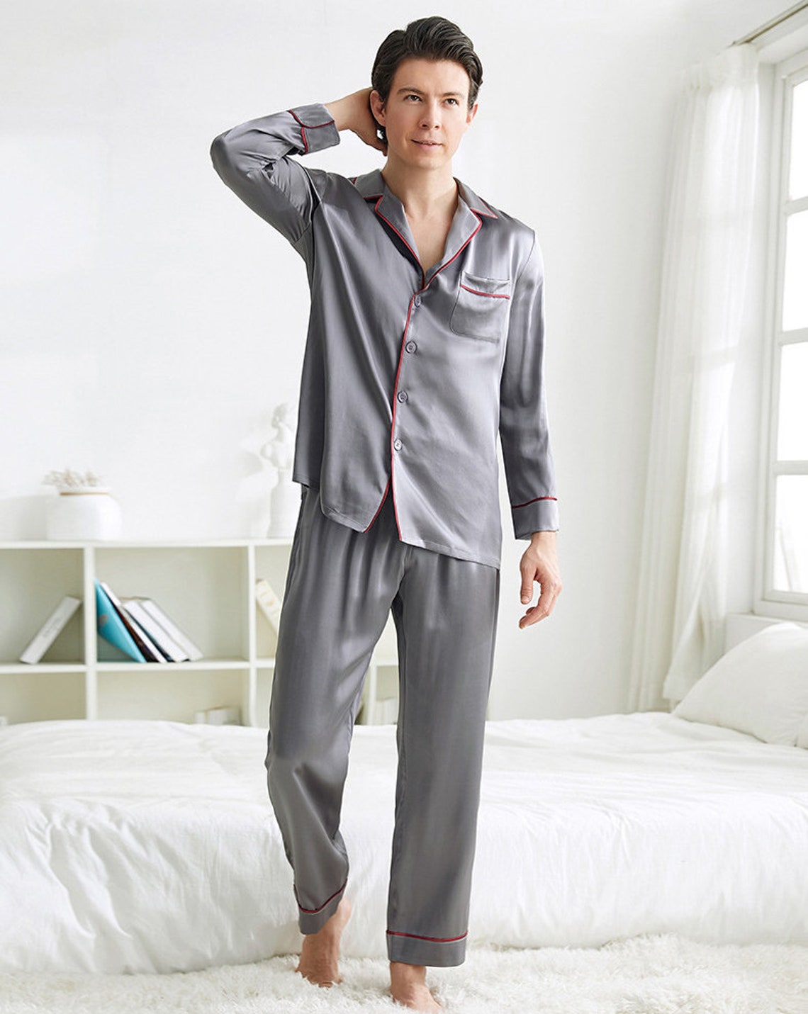 Men's Silk Pajamas Set Silk Sleeping Wear Set for Mens Etsy