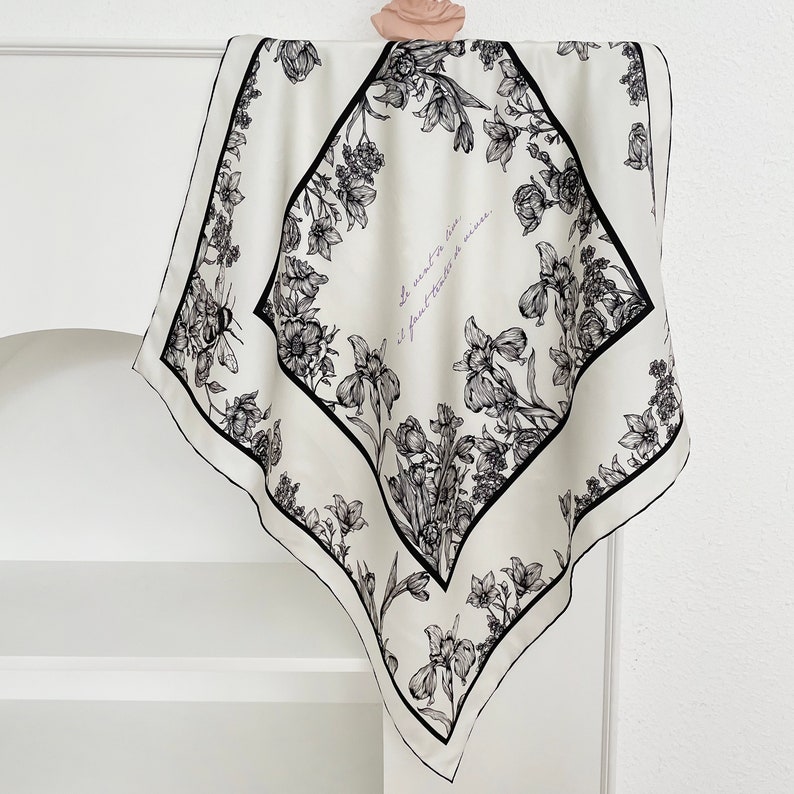 Elegant Black and White Floral Print Silk Twill Bandana, Birthday Gift for Her image 4