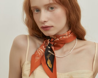 The Story of Insects Butterfly & Chain Orange Silk Diamond Scarf