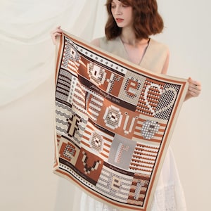 Square silk scarf, double Sided Printing, “pure love for ever”, brown silk scarf, small scarf, handmade silk Scarf, gift for her