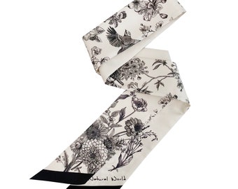 Floral Print Black Versatile Mulberry Silk Twill Handbag Scarf, Narrow Neckerchief, Tie Knot Ribbon, Gift for Her
