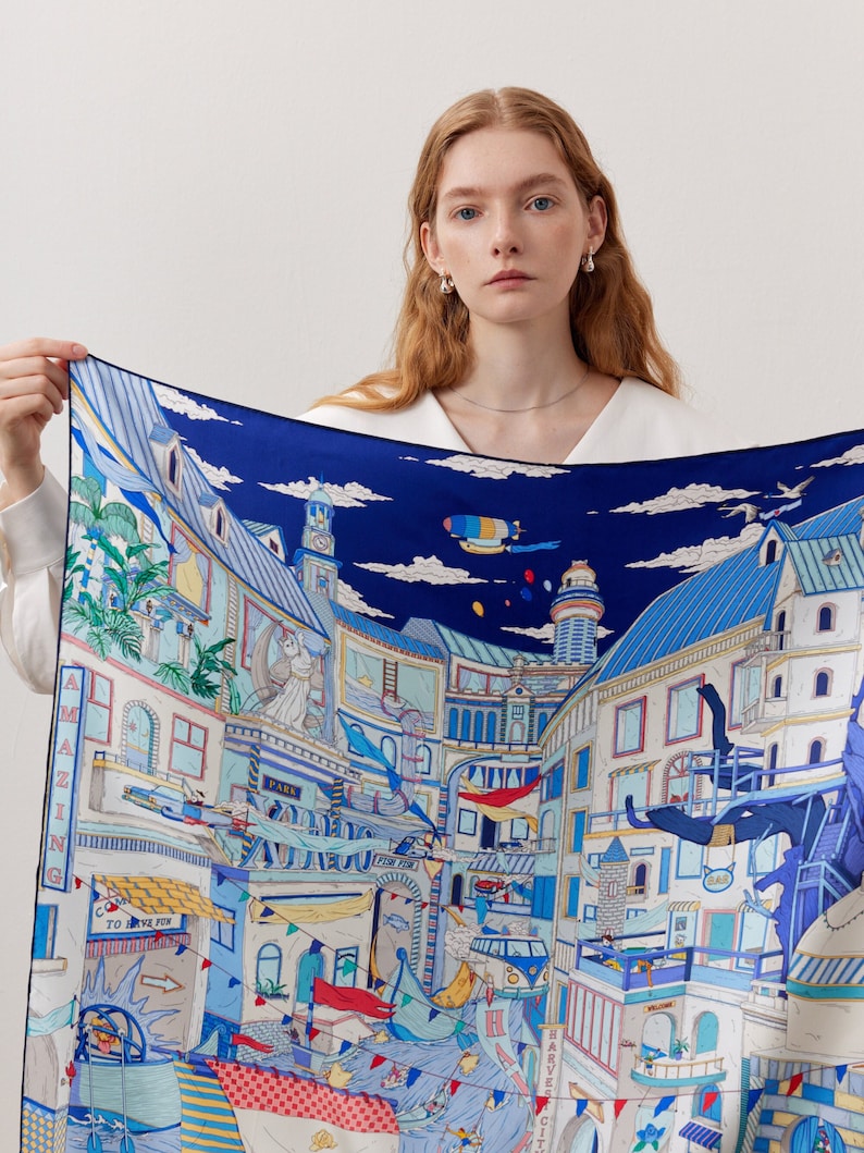 Architectural Style Double Sides Printing Silk Square Scarf Foulard for Her Gift / Christmas Birthday-Anniversary blue