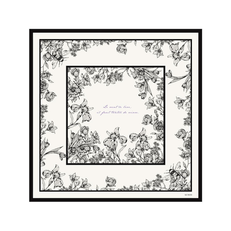 Elegant Black and White Floral Print Silk Twill Bandana, Birthday Gift for Her image 2