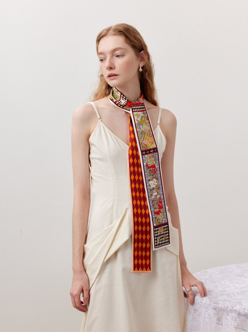 Architectural Plant Geometric Printed Bag Handle Hairband Ribbon Accessories Orange Green Silk Tie Scarf image 6