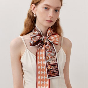 Architectural Plant Geometric Printed Bag Handle Hairband Ribbon Accessories Orange Green Silk Tie Scarf image 4