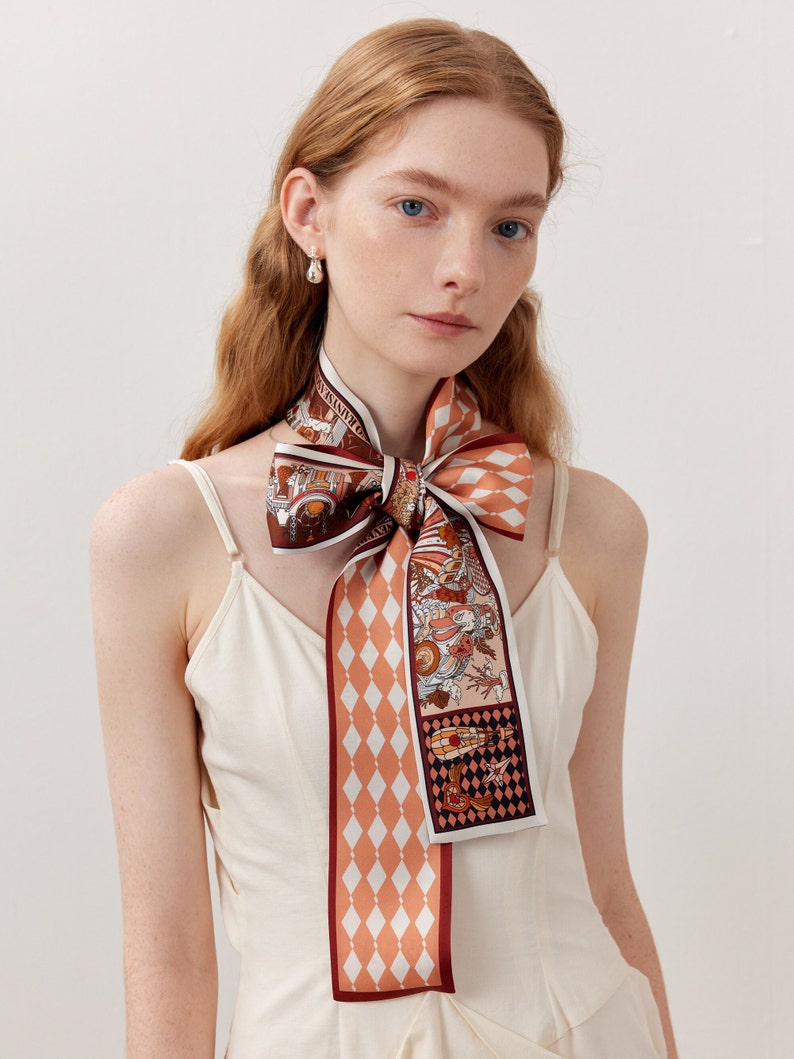 Architectural Plant Geometric Printed Bag Handle Hairband Ribbon Accessories Orange Green Silk Tie Scarf image 4