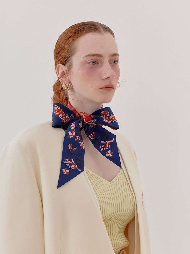 Iris Jasmine Printed Bag Handle Hairband Ribbon Accessories Navy Blue Red Silk Tie Scarf image 3