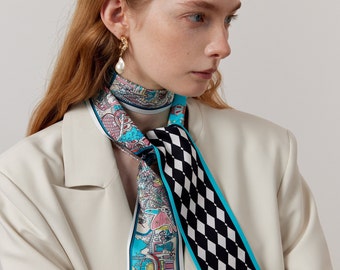 Architectural Plant Geometric Printed Bag Handle Hairband Ribbon Accessories Orange Green Silk Tie Scarf