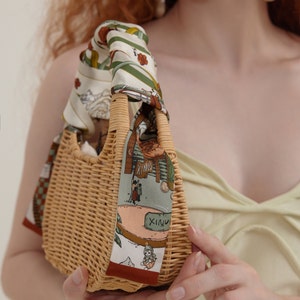 Orange Blau Braun Romantische Stadt Katze Wolken Blumen Mini Maulbeerseide Skinny Schal, Taschen Schal, Geschenk für Sie