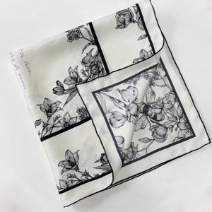 Elegant Black and White Floral Print Silk Twill Bandana, Birthday Gift for Her image 6