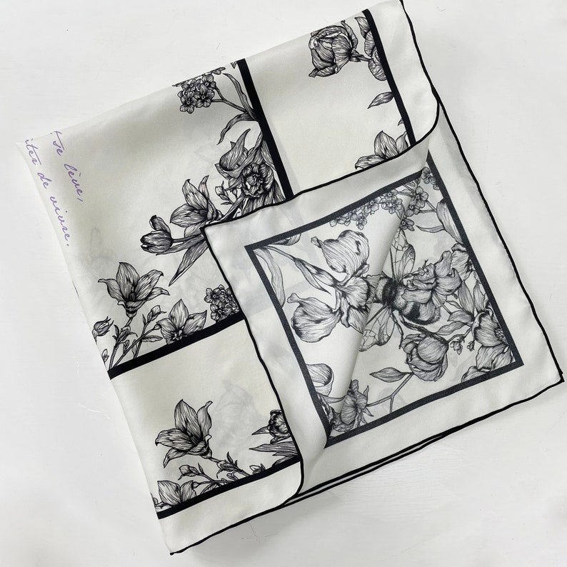 Elegant Black and White Floral Print Silk Twill Bandana, Birthday Gift for Her image 6