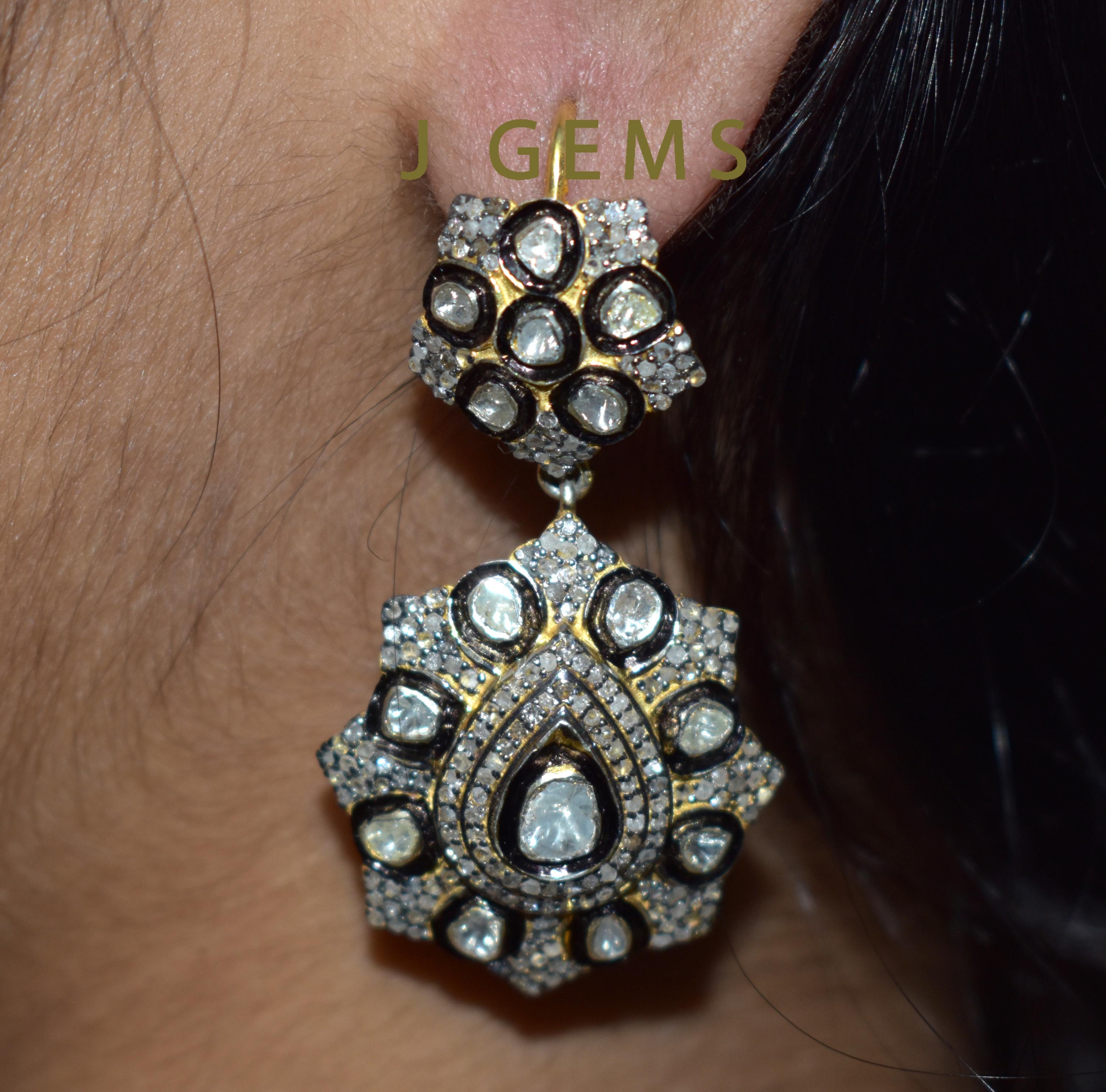 Hook Polki Diamond Earrings: Gold Plated 925 Sterling Silver, Bridal Jewelry