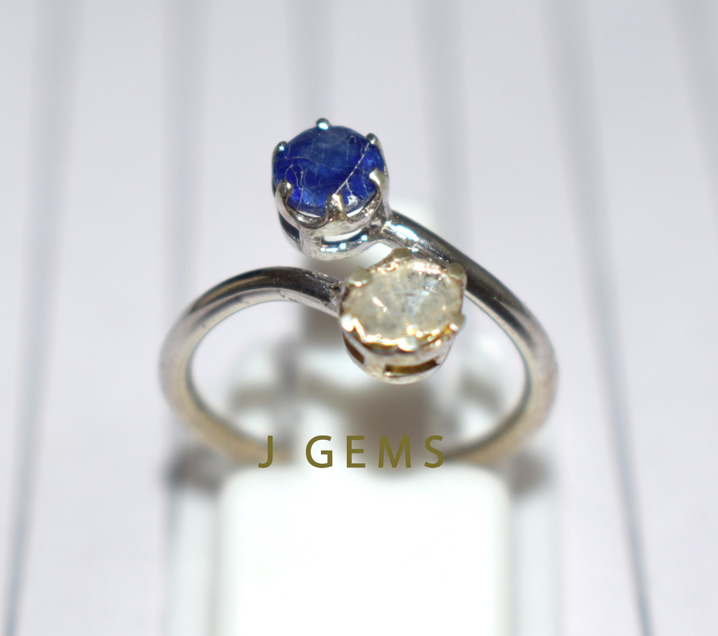 Bague Saphir Naturel Bleu Avec Diamants Pavés En Argent 925 - Taille 8, Style Dragon Vintage