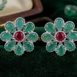 100% Natural Emerald and Ruby Stud Earrings: 925 Sterling Silver,14k Gold Handmade Jewelry