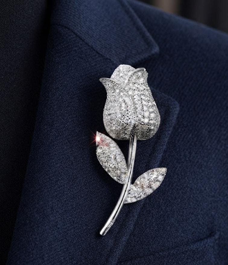 Rose 925 Sterling Silver Brooch, White CZ Diamond White Plated Saree Pin