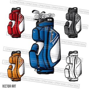 May include: Five different colored golf bags with white accents. The bags are all standing upright and have a zippered pocket on the front. The bag in the center is blue with a set of golf clubs sticking out of the top.