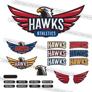May include: A collection of sports-themed graphics featuring a stylized eagle with outstretched wings. The word "HAWKS" is prominently displayed in various colors and fonts, along with the word "ATHLETICS". Additional graphics include sports labels such as "BASEBALL" and "SOCCER".