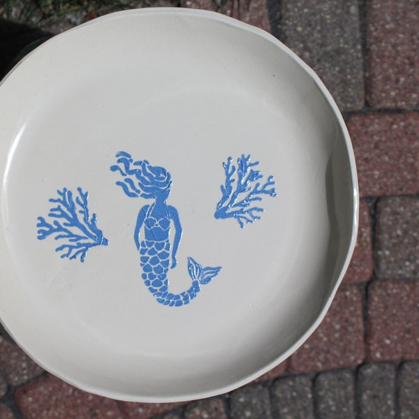 Handmade Pottery | Round Platter with Mermaid Design