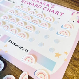 Personalised unicorn reward chart,A4 durable re-usable reward chart with velcro fastening rainbows, for kids and comes with a whiteboard pen