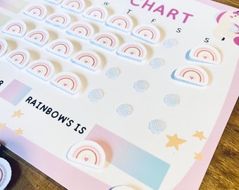 Personalised unicorn reward chart,A4 durable re-usable reward chart with velcro fastening rainbows, for kids and comes with a whiteboard pen