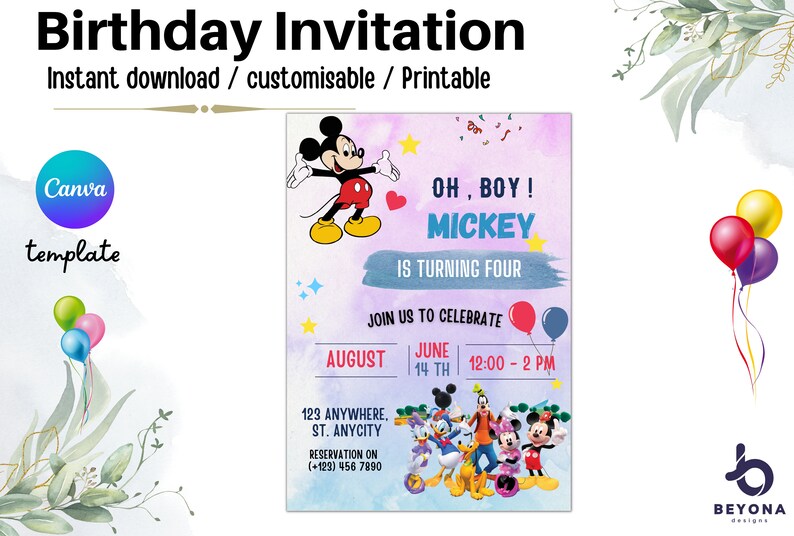 Mickey Mouse Birthday Invitation Birthday Invitation instant Etsy