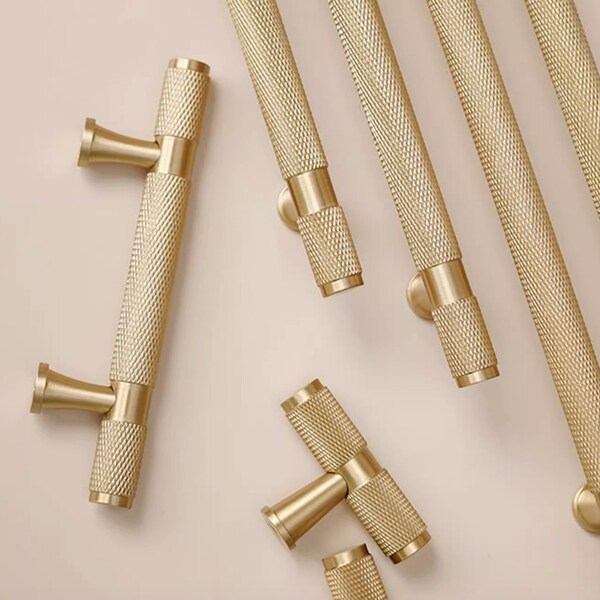 Modern Knurl Brass Cabinet Knobs Kitchen Handles Gold Furniture Handles Drawer Dresser Cupboard Door Pulls and Handles Hardware