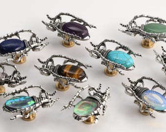 Natural Gemstone Beetle Cabinet Knob, Vintage Silver Scarab Drawer Pull, Unique Gothic Furniture Hardware, Boho Home Decor