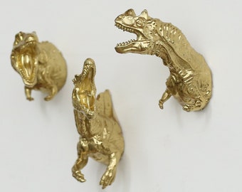 Brass Dinosaur furniture knobs / T rex drawer pulls / boy room dinosaur decor/ dinosaur hooks