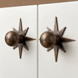 May include: Two cabinet knobs with a spherical bronze-toned head and a starburst-shaped backplate. The knobs are mounted on two adjacent white rectangular panels. The metal finish has a brushed texture with visible dark and light metallic tones.