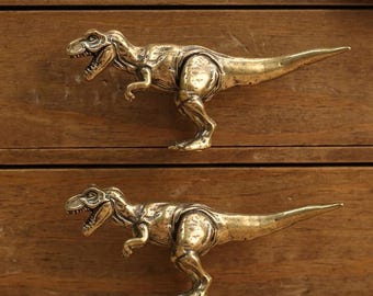 Vintage Brass T-Rex Dinosaur Cabinet Knobs, Animal Drawer Pulls, Dresser Furniture Hardware, Antique Cabinet Handle