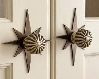 Antique brass pumpkin with star backplate cabinet knob, eight-pointed star aged kitchen pulls, Retro custom drawer knobs