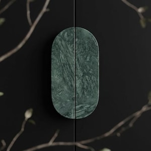 May include: A close-up of a dark green marble cabinet pull with an oval shape. The pull is split in half and mounted on a black cabinet door. The background is a solid black color with a few branches.
