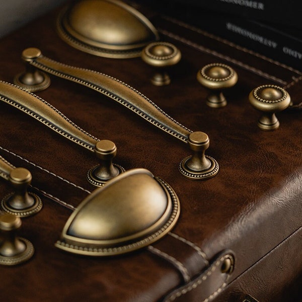 Satin Antique brass cabinet knob pull handles, retro vintage drawer knobs, semicircular furniture handles, kitchen hardware