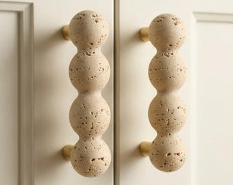 Travertine Beaded Cabinet Pulls, Natural Stone Drawer Handles, Brass Hardware, Modern Organic Kitchen Dresser luxury Pulls