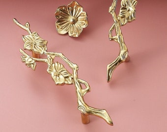 Brass sakura cabinet handle/gold flower branch door handle/tree branch cabinet pull/brass drawer pull /furniture hardware