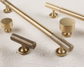 Antique Bronze Brass Cabinet handle knob, Linear Knurled soild brass drawer knobs, T bar bedroom cupboard kitchen handles, Cabinet hardware