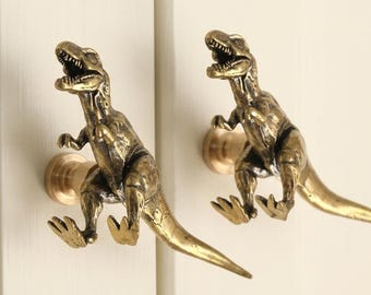 Antique Brass Dinosaur Cabinet Knob, T-Rex Drawer Pull, Jurassic Furniture Hardware, Vintage Cabinet Handle
