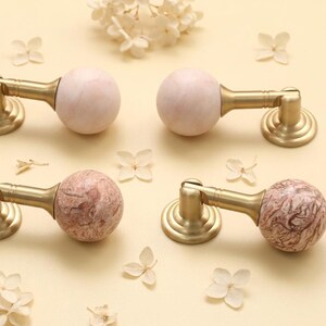 Blush Pink Marbled Brass Drawer Knobs, Natural Pink Vein Stone Cabinet Pulls, Round Ball Drop Knob, Furniture Hardware