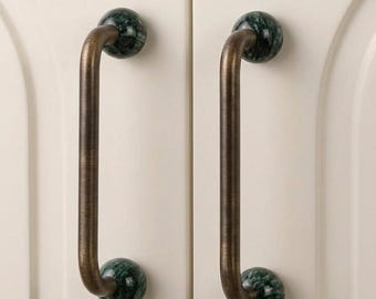 Round Ball green Marble Brass Cabinet Pulls, Natural Stone Antique Drawer Handles, Gold Bar Door Handle, Furniture Hardware