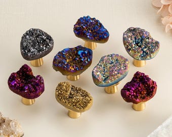 Aura Crystal Cluster Drawer Knob, Raw Druzy Quartz Cabinet Knob, Gold Base Stone Knob, Boho Luxury Dresser Pull, Unique Door Hardware