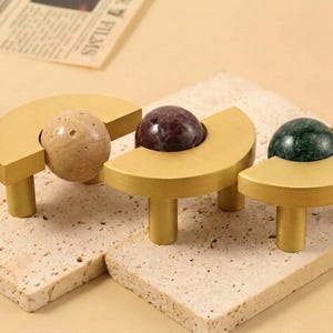 Brass Half Moon Drawer Knob, Natural Stone Sphere Cabinet Knob, Modern Curved Brass Furniture Pull, Unique Kitchen Cabinet Hardware