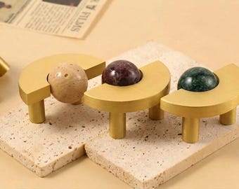 Brass Half Moon Drawer Knob, Natural Stone Sphere Cabinet Knob, Modern Curved Brass Furniture Pull, Unique Kitchen Cabinet Hardware
