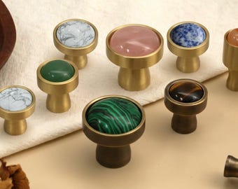 Natural Gemstone Bronze Cabinet Knobs, Brass Drawer Pulls, Crystal Stone Furniture Handle, Kitchen Cabinet Hardware, Mid Century Home Decor