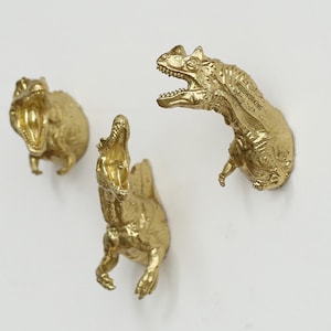 Perillas de muebles de dinosaurio de latón / Tiradores de cajón de T rex / Decoración de dinosaurio para habitación de niño con grabado personalizado / Ganchos de dinosaurio