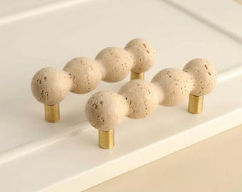 Travertine Beaded Cabinet Pulls, Natural Stone Drawer Handles, Brass Hardware, Modern Organic Kitchen Dresser luxury Pulls